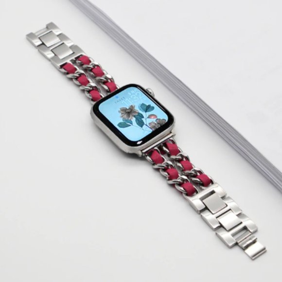 NEW Strap Silver PINK Chain Leather Stainless Band For Apple Watch